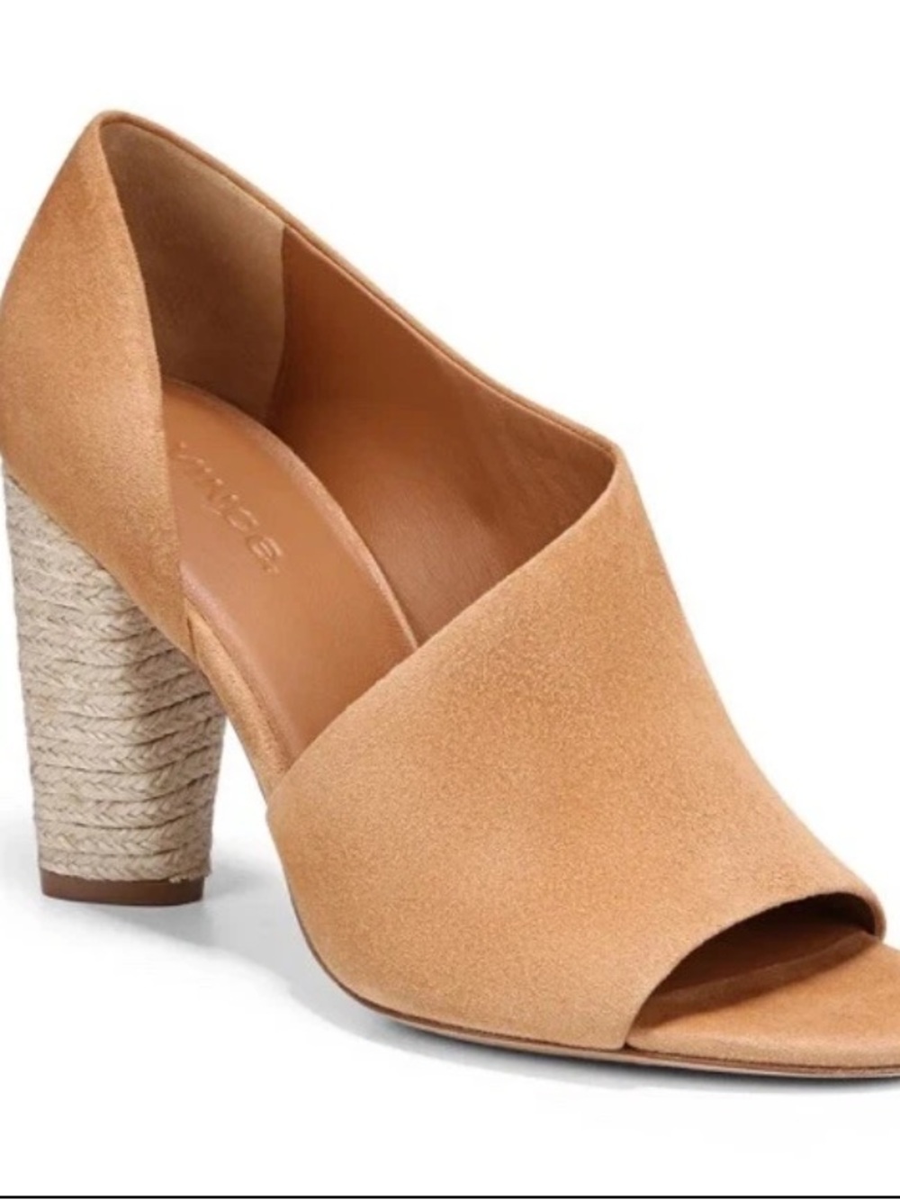 Vince Percey Size 8.5 Asymmetrical Suede Tan Espadrille Peeptoe Pumps Heels Shoe